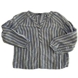 Talbots Petite Blue Striped Button Linen Top Blouse Balloon Sleeve SP Small